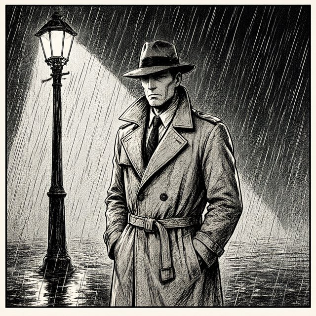 Comic panel of a detective in a trench coat under a streetlamp in the rain, bold ink, halftone shading, no speech bubbles. — Qwen Image 3.0