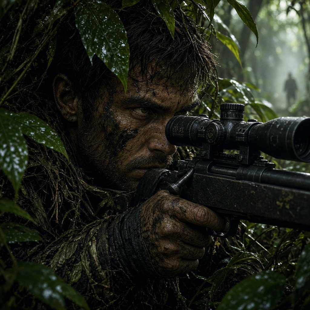 An adult sniper concealed in dense jungle foliage, aiming at a distant target, with a close-up view of his focused face. — Grok Imagine Image 2