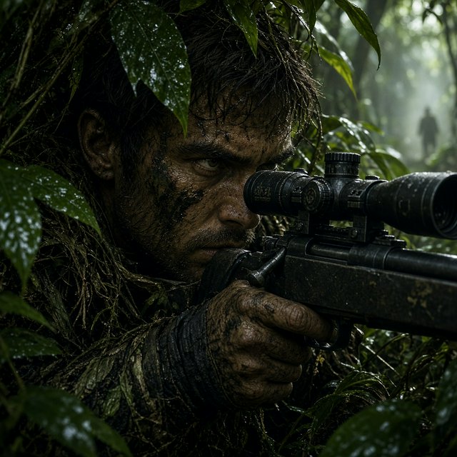 An adult sniper concealed in dense jungle foliage, aiming at a distant target, with a close-up view of his focused face. — Model 2