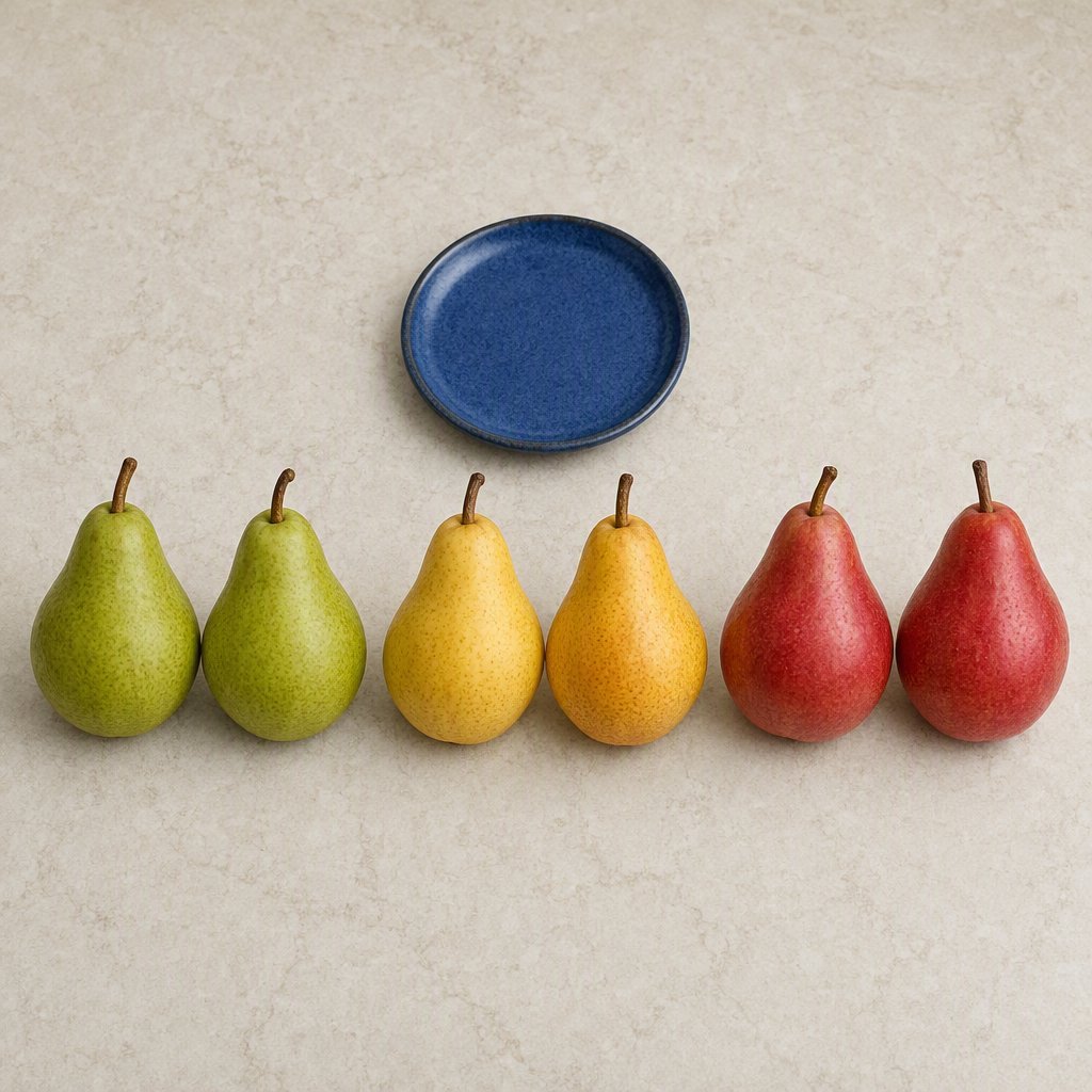 Exactly six ripe pears sit on a pale stone counter: two green pears on the left, two yellow pears in the center, and two red pears on the right. A small blue plate sits above the center pair, nothing else. — GPT Image 2