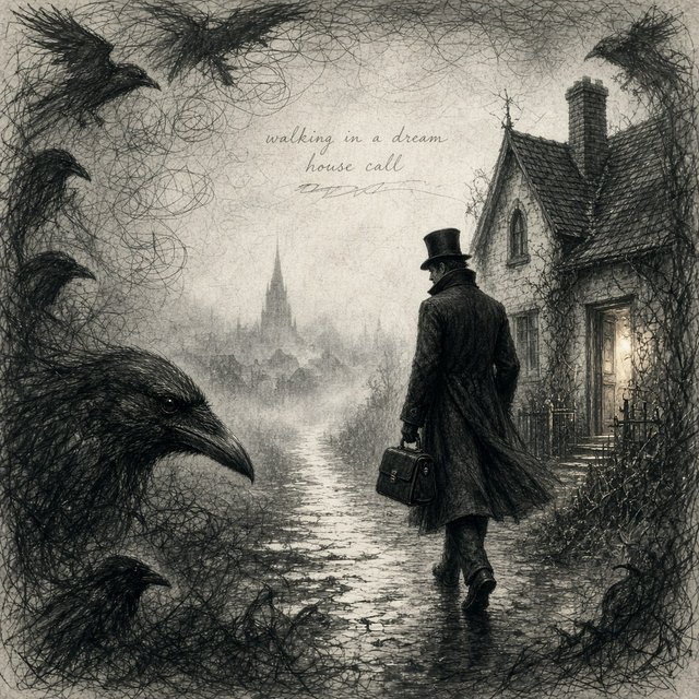 Walking in a dream, with ravens scribbled along the edges, a doctor on a house call — Grok Imagine Image 2