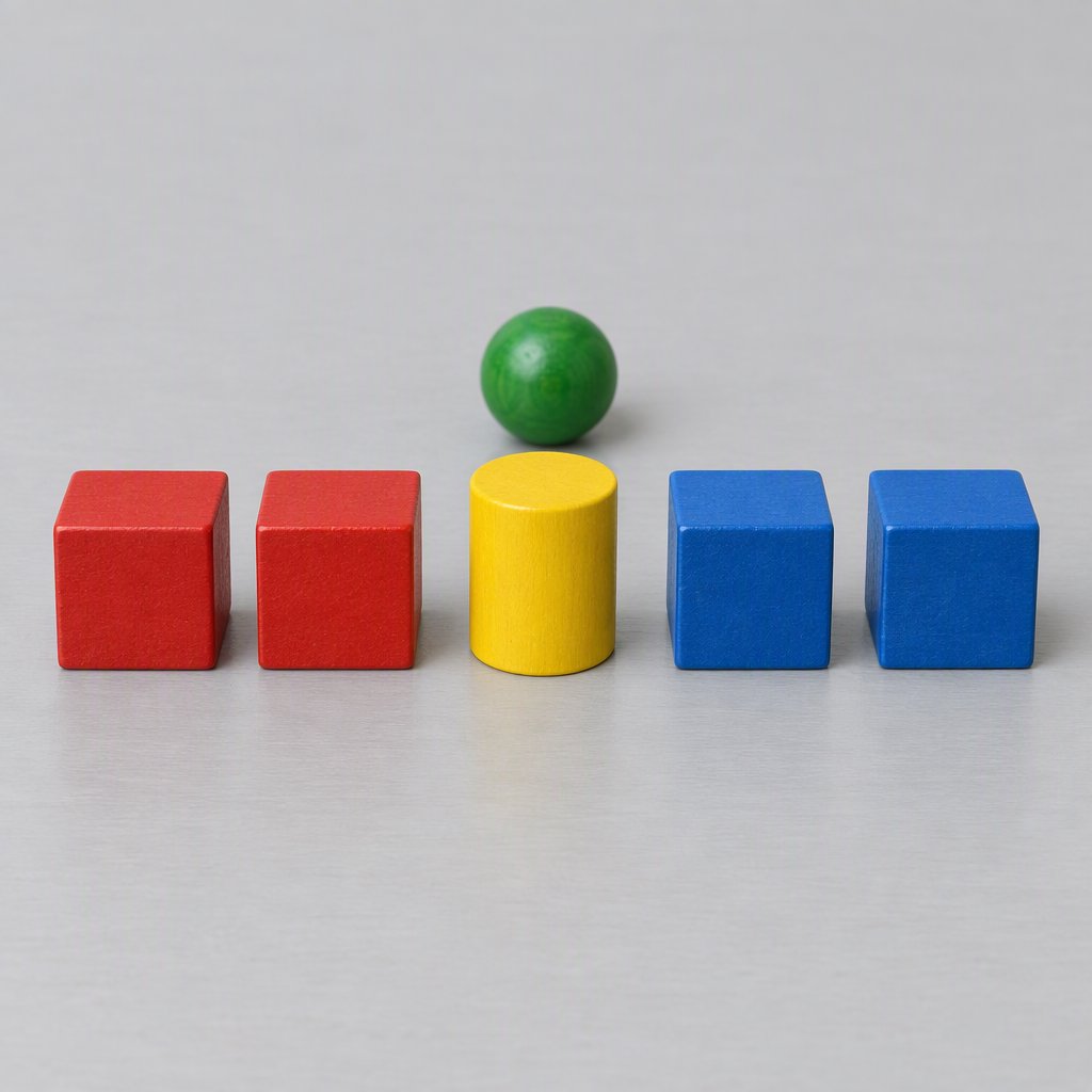 Exactly five wooden toy blocks sit on a pale gray table: two red cubes on the left, one yellow cylinder in the center, and two blue cubes on the right. A small green ball sits behind the cylinder, nothing else. — GPT Image 2.5 Flare