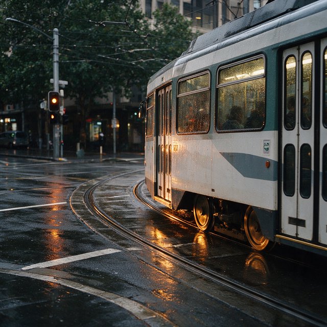 At a rain-darkened intersection, a tram grinds through a curve, its steel wheels shining beneath amber signal glow. A street-level news photo, shot on a 35mm lens with moderate depth of field, catches beads of water on the windows and slight wheel blur. — Seedream 5.0 Pro