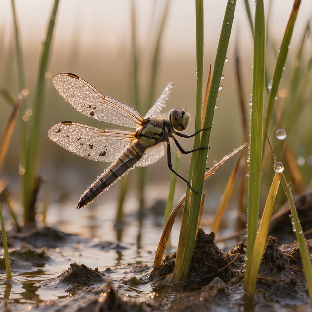 On a peaty marsh edge, a dragonfly rests among sedges after a light morning shower; dew beads on its veined wings and granular mud, while reed stems soften into pale fog behind it. — Kling v3