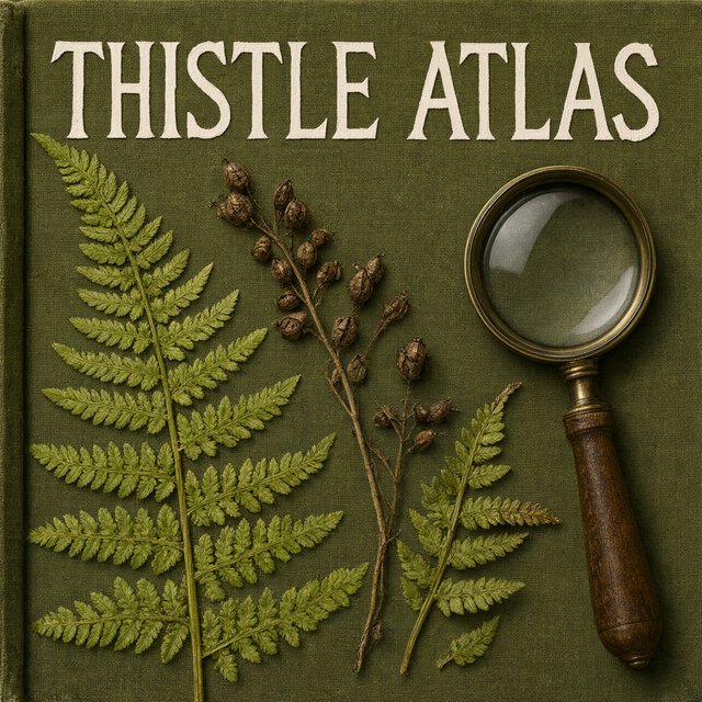 Pressed fern fronds, seed pods, and a magnifying lens frame a naturalist’s field-guide book cover on moss-green cloth; “THISTLE ATLAS” spans the upper third in hand-cut ivory serif capitals, with no other legible writing. — Model 18