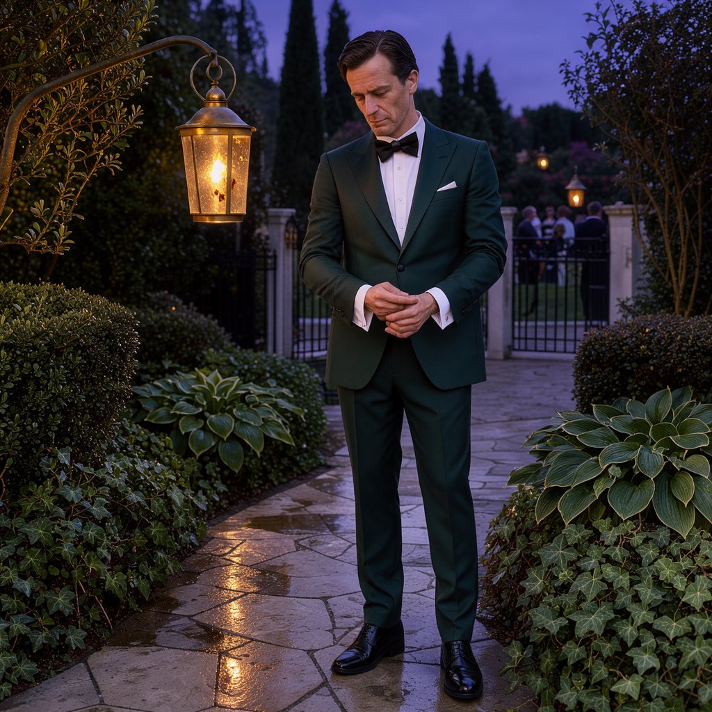 Along a garden path at violet dusk, an adult man in a midnight-green dinner suit adjusts one cuff beneath warm lantern glow, caught in a quiet pre-event pause with glossy leaves and elegant magazine polish. — FLUX 3 Image Klein
