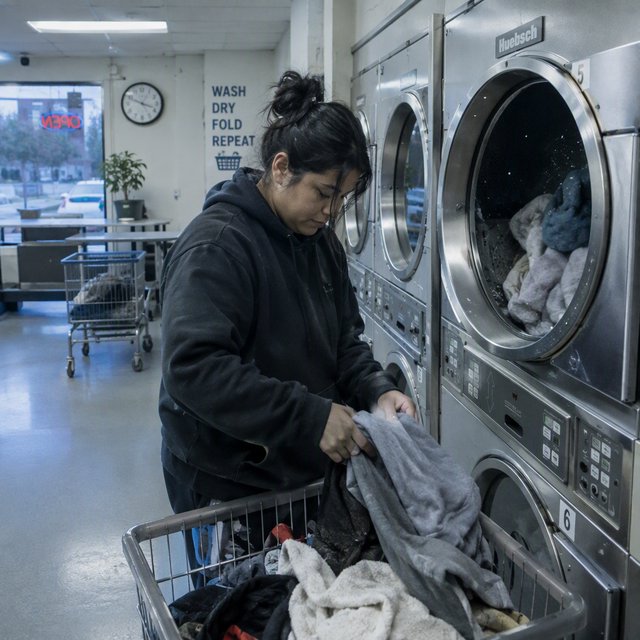 Candid documentary photograph of an adult sorting laundry in a neighborhood laundromat, cool fluorescent light, 35mm lens with moderate depth of field, lint specks floating near a tumbling dryer door. — GPT Image 2.5 Flare