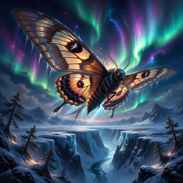A cathedral-sized mothlike creature glides above a frozen ravine, its translucent wings veined with amber light and fringed with frost. Tiny mountain pines cling to the cliffs as aurora colors ripple across the snow. — ImagineArt 1.5 Pro