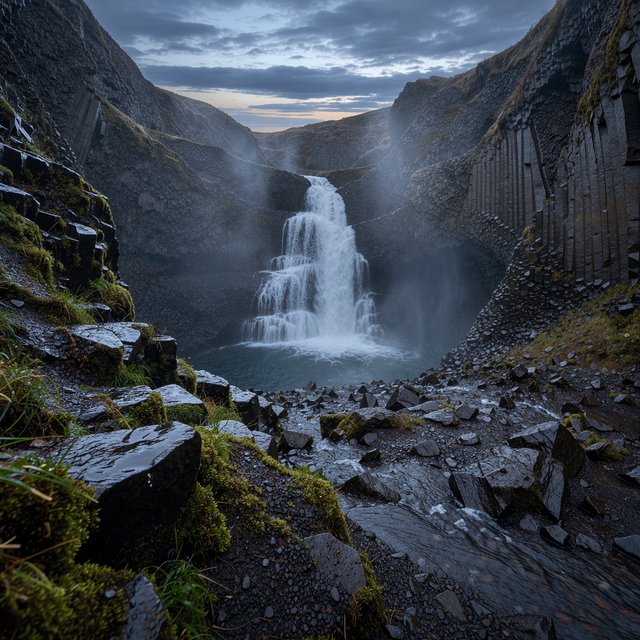 After a passing squall, a waterfall drops through a narrow basalt gorge at dusk, its white plume breaking against dark ledges; rain-beaded moss and sharp foreground stones lead toward cliffs fading behind drifting spray. — FLUX 3 Image