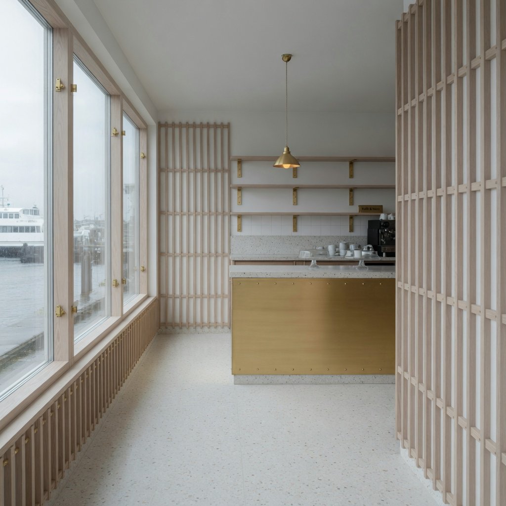 Inside an empty harbor café, restrained Danish modern design pairs ash slat screens, pale terrazzo, and brushed brass; overcast window light reaches the counter, viewed from the entrance, with aligned joinery and believable supports. — Grok Imagine Image Quality