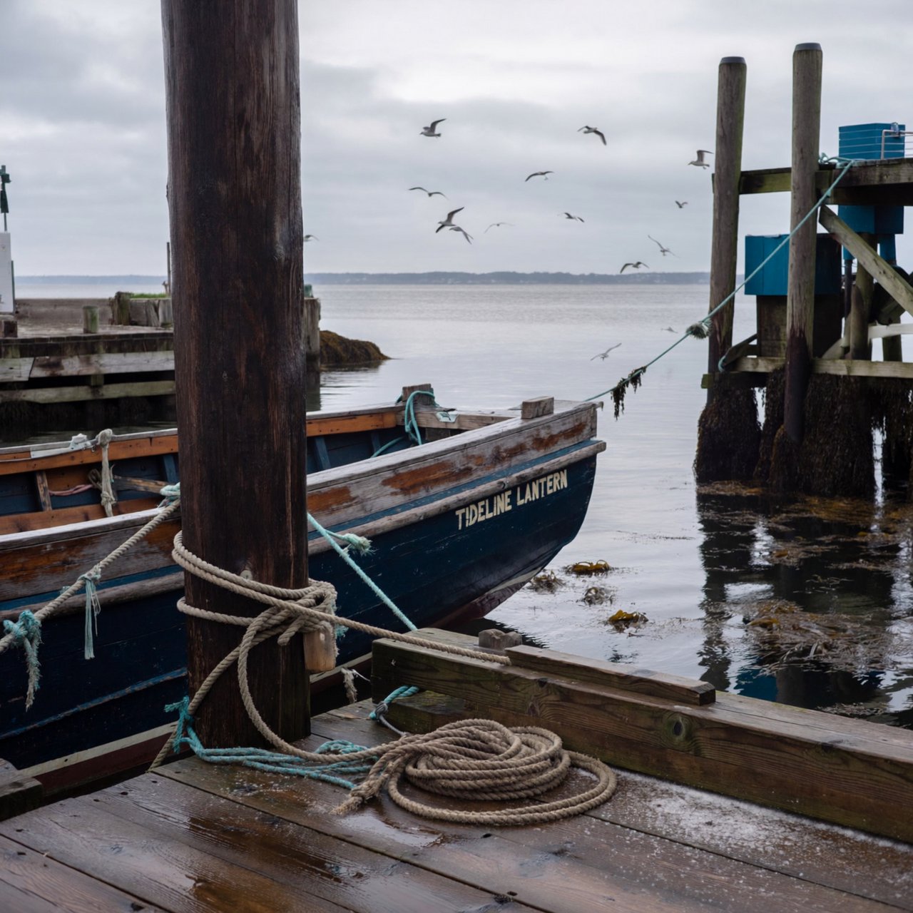 At a quiet harbor, a weathered wooden ferry rests beside slick pilings, ropes coiled on deck as gulls wheel overhead; "TIDELINE LANTERN" is painted in faded ivory letters along the blue hull. — ImagineArt 2