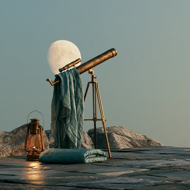 On a slate rooftop, exactly one brass telescope points east; one amber lantern sits to its left, one folded teal blanket lies beneath the tripod, and one pale moon hangs behind it in the clear sky, nothing else. — Model 13