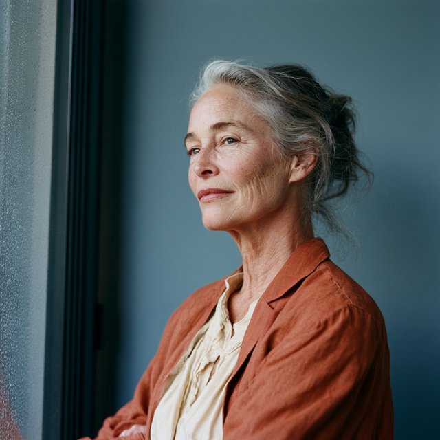 By a rain-streaked studio window, an adult woman in her early 60s turns in profile for a portrait photograph, wearing a copper-colored linen jacket over a cream cotton blouse. Her quietly amused expression rests against a muted blue-gray wall, shaped by cool, soft window light. — Midjourney V8.2
