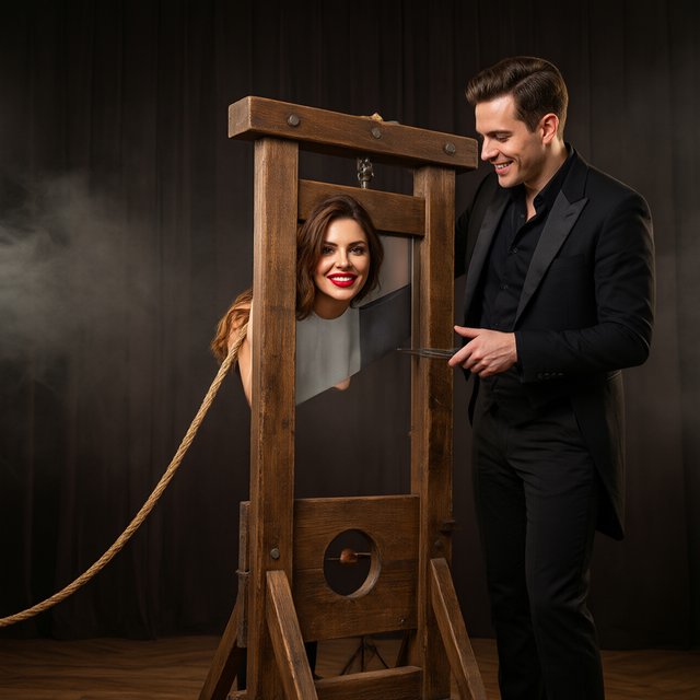 Well dressed stage magician performs the guillotine illusion using a beautiful glamorous adult female assistant. The smiling confident assistant has her head through the hole in the guillotine device. — Qwen Image 3.0