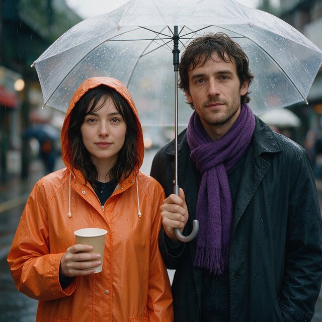 A man with a purple scarf holding a transparent umbrella, standing to the right of a woman in an orange raincoat who holds a paper cup, both facing the camera. — Seedream 5.0 Pro