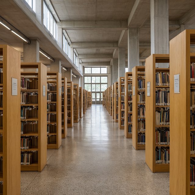 Interior of a mid-century modernist public library, with pale oak shelving, exposed concrete columns, terrazzo flooring, and a broad clerestory. Diffuse morning light crosses the reading hall, viewed from the entrance down its central aisle, with precise lines and plausible structure. — Qwen Image 3.0 Pro