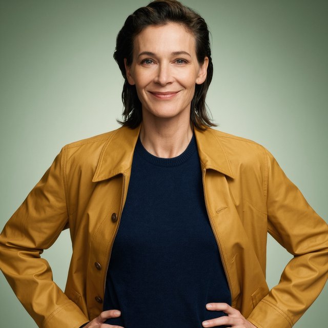 Fashion portrait of an adult nonbinary person in their late twenties wearing a structured saffron-yellow canvas jacket over a fine-gauge navy merino top, hands resting on the jacket hem. Their bright, self-assured expression contrasts with a softly lit sage-green backdrop. — Kling v3 Omni