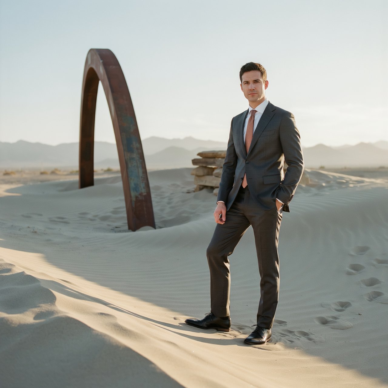 Editorial glamour photograph of an adult man in a charcoal evening suit with a muted copper tie, standing at ease beside a desert art installation, flattering sunset light warming the sculptural landscape, composed expression and refined magazine atmosphere. — Ideogram v4