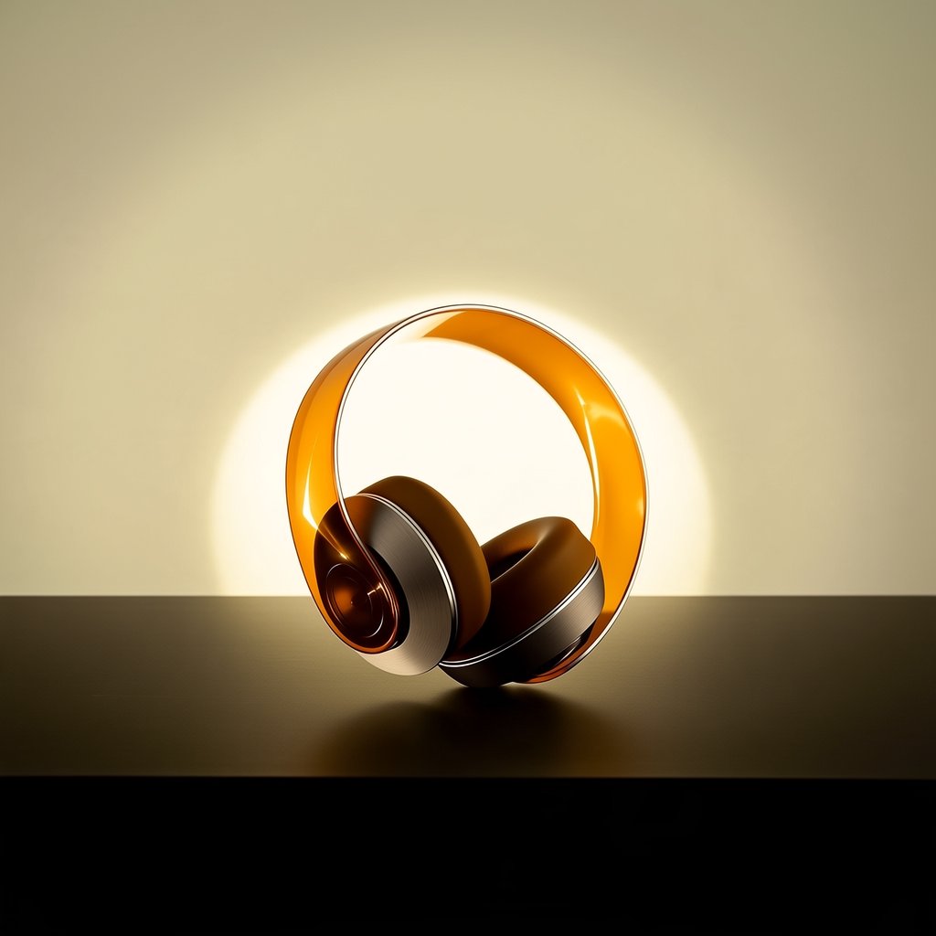 Commercial product photograph of unbranded over-ear headphones crafted from translucent amber resin and brushed titanium, resting on a dark slate surface against a muted cream background, lit by a broad diffused softbox and a delicate rim light. — Midjourney Niji 7