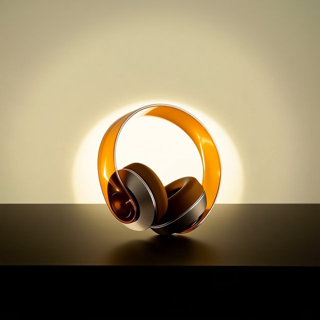 Commercial product photograph of unbranded over-ear headphones crafted from translucent amber resin and brushed titanium, resting on a dark slate surface against a muted cream background, lit by a broad diffused softbox and a delicate rim light. — Midjourney Niji 7
