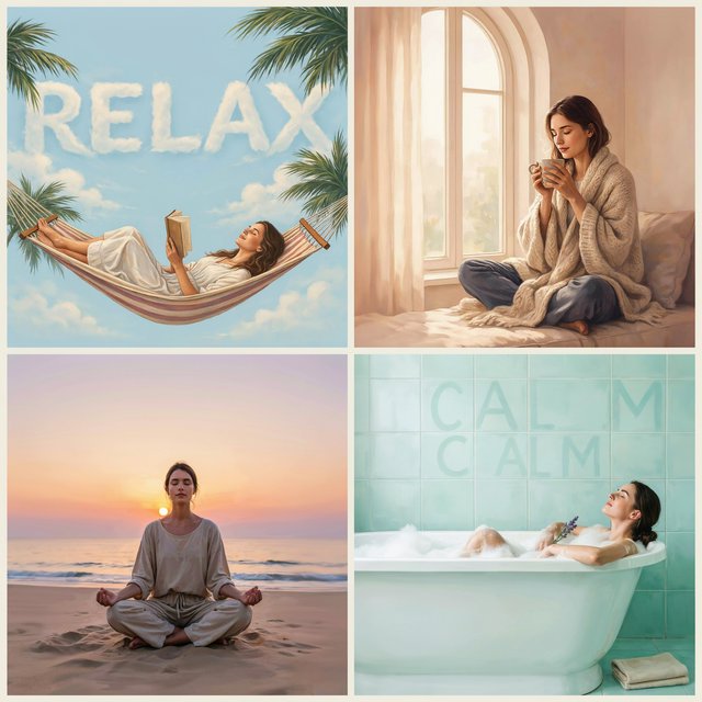 An image representing the word and concept of “Relaxing.” There are at least 4 moments that represent this. The word “Relax” and another word representing it are hidden naturally in the background. — Ideogram v4.5