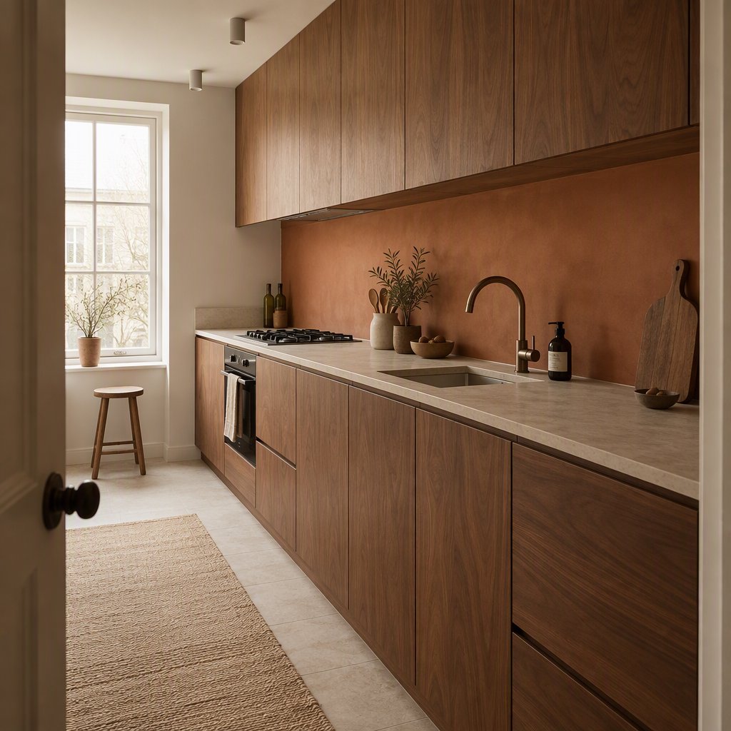 Along a galley kitchen, flat-front walnut cabinets meet pale limestone counters and a matte terracotta backsplash in restrained Scandinavian modern style; soft north-window daylight reveals the worktop from the doorway, with clean aligned lines and believable supports. — GPT Image 2.5 Sunburst