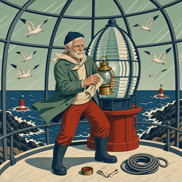 Flat-vector illustration of an adult lighthouse keeper polishing a brass lantern in a windswept tower, gulls circling beyond the glass and foam tracing black rocks below. Palette of sea-glass green, cream, vermilion, and navy. — FLUX 3 Image