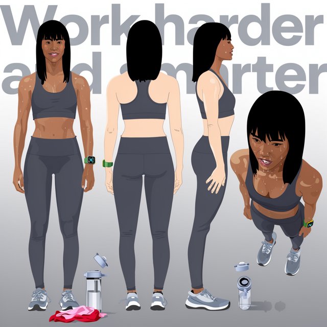 A pretty adult mixed-race woman of Korean and Black heritage, wearing fitted gym wear. Scene: a heavy workout with sweat. POV: full front, back, side, and aerial views. Near her are a unique-looking water bottle, a diamond green watch, a pink and red towel, and text in the background that says “Work harder and smarter”. — Model 10