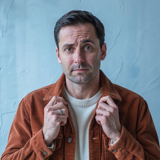 Portrait photograph of an adult man in his late 30s wearing a rust-colored corduroy overshirt over a cream knit, fingertips resting on its broad collar. His quietly curious gaze meets the camera against a pale blue plaster backdrop, softly lit by cool side-window light. — FLUX 3 Image