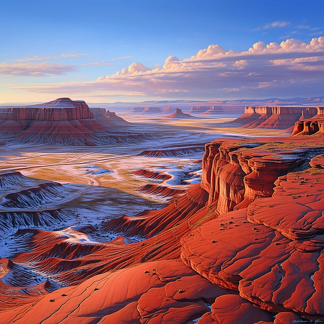 A red-sandstone badlands plateau beneath clearing winter clouds at sunrise, overnight frost silvering the gullies; cracked clay and wind-smoothed rock lead the eye across layered mesas fading into pale distance. — Midjourney Niji 7