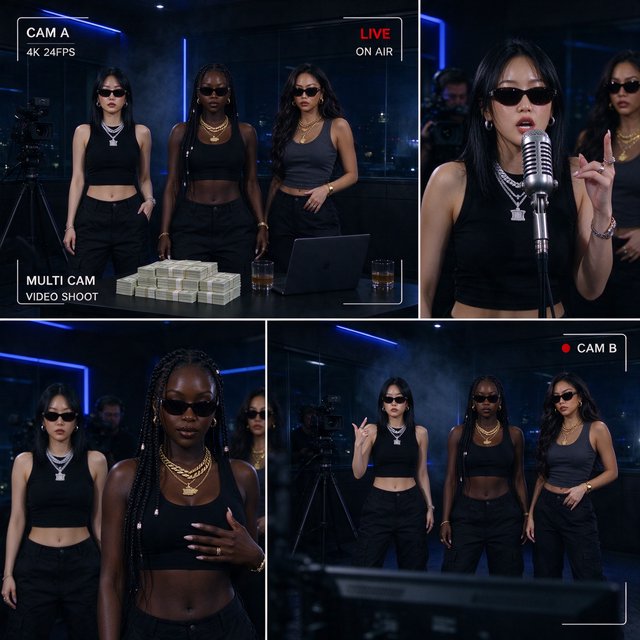 Realistic adult Korean, Black, and mixed-race female rappers filming a music video, all wearing fitted clothes. The music video is about how they are making money and are set to rule, with a really cool, laid-back vibe, shown from many angles. — Seedream 5.0 Flash