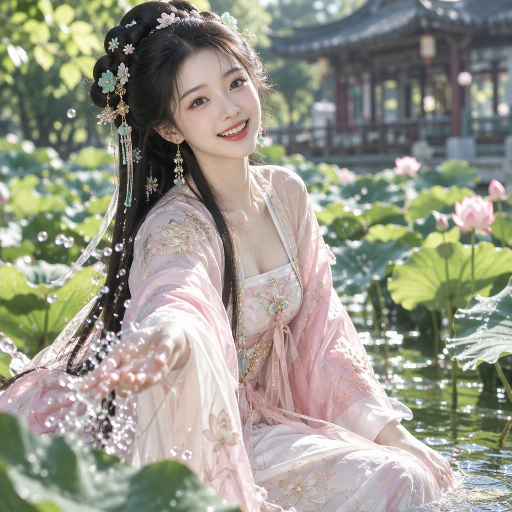 Cinematic shot, a breathtakingly stunning adult Chinese woman from ancient times playing joyfully by a crystal-clear lotus pond, mid-summer afternoon. She is wearing an exquisite, flowing silk Hanfu dress in pastel pink and white with intricate gold embroidery. Her face is porcelain-smooth, with delicate makeup, long black hair elegantly styled with jade hairpins, and a radiant, charming smile. Water droplets frozen in mid-air, sunlight filtering through lush green lotus leaves, creating dappled light on her skin. Shallow depth of field, bokeh background of traditional Chinese architecture, hyper-realistic, soft natural lighting, serene yet playful atmosphere. — GPT Image 2.5 Flare