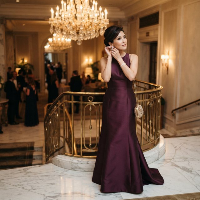 At the landing of a marble staircase, an adult woman in a plum evening gown pauses to fasten an earring, caught in warm chandelier light; polished brass rails and soft shadows lend the scene the poise of a fashion magazine. — Nano Banana 2 Lite