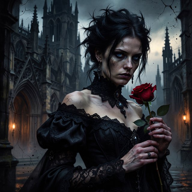 Atmospheric lighting creates soft background gradients through value blending, and surreal dark textures produce cracked surfaces and splatter via organic mark making. The fusion manifests as lace edges, dramatic chiaroscuro, and sharp focal contrast, transforming any subject through meticulous gothic surface modeling. A gothic woman depicted in 2026, with spiky black hair, blue eyes, and pale skin, wearing a black off-shoulder lace dress with a high ornate collar and puffed sleeves, holding a red rose. Close-up at eye level, the woman facing forward with her head slightly tilted, gazing directly at the viewer, holding a red rose in her right hand near her shoulder. Scene set before a gothic cathedral during overcast twilight, with misty atmosphere, featuring tall church spires in the background. — ImagineArt 1.5 Pro