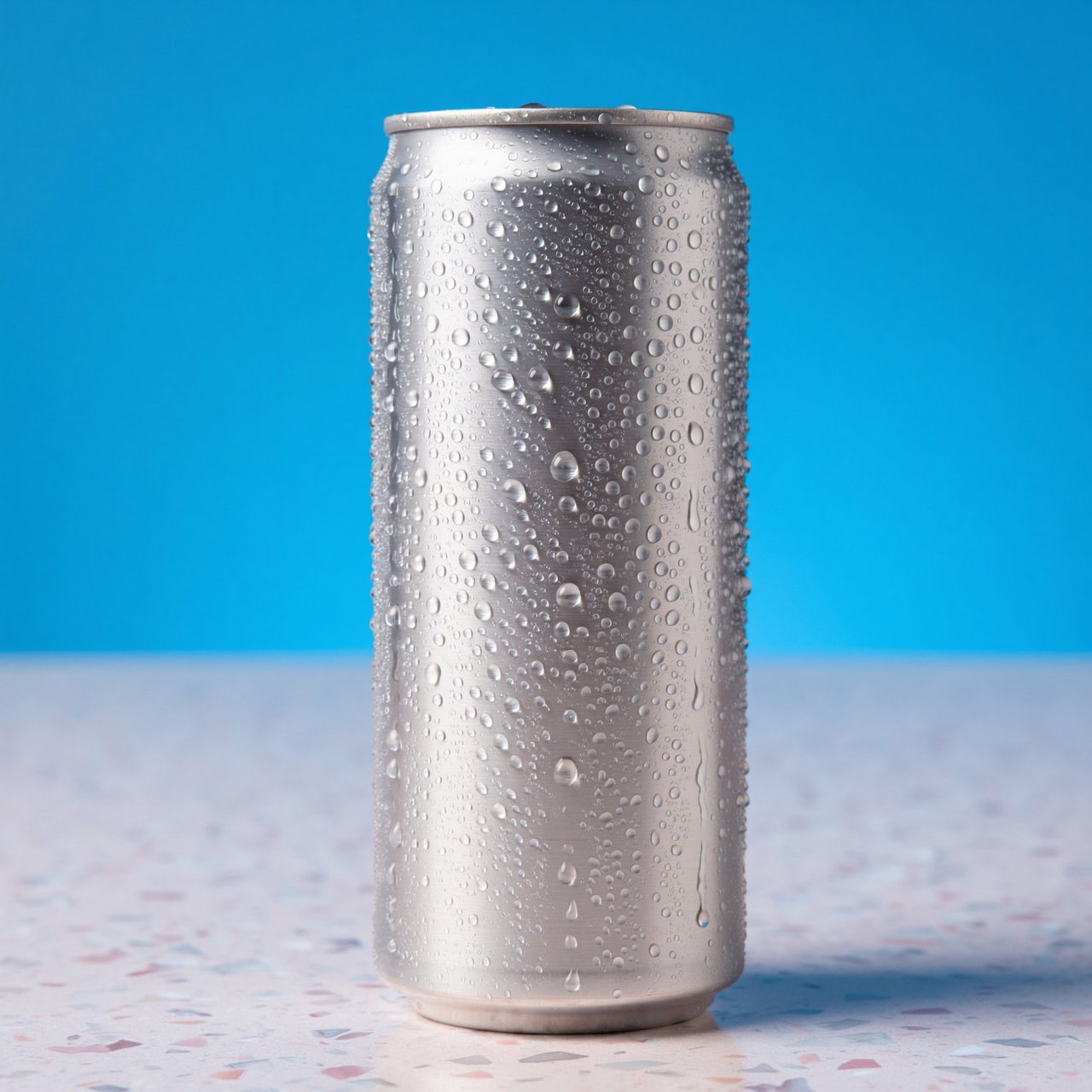 A slim, unbranded sparkling-water can of brushed aluminum, beaded with condensation, stands on a pale terrazzo surface against a seamless electric-blue background; broad overhead diffusion and a crisp side strip create clean highlights, with no lettering or graphics. — ImagineArt 2