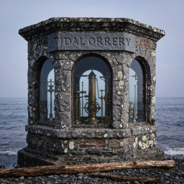 A weathered coastal observatory overlooks dark water, its brass instruments visible through arched windows; "TIDAL ORRERY" is carved into a slate lintel above the entrance, salt spray softening the deep engraved grooves. — Kling v3 Omni