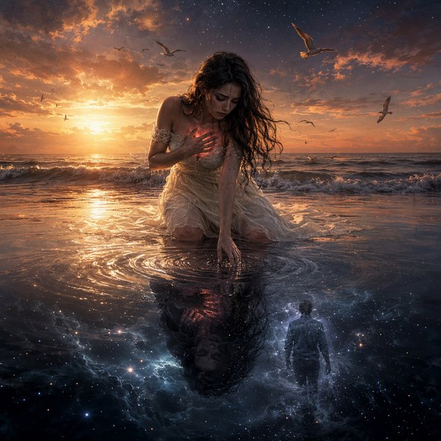 Cinematic, photorealistic artwork of a sorrowful young woman in a flowing ivory lace dress kneels in shallow surf at the waterline during sunset. Her long, windblown dark hair frames her downcast face; a tear flows down her cheek and into the water, one hand presses against her chest, glowing faintly crimson to suggest her still-beating heart, while her other fingertips touch the water. The world behind her remains beautiful: a golden sun shines over restless waves, seabirds cross the sky, and fiery peach clouds fade into star-filled indigo. In the wet sand, her reflection becomes a dark cosmic void. Stars ripple around a fading, ghostlike image of her partner deserting her and dissolving into darkness. The tear forms concentric ripples, disturbing an entire universe. Contrast warm golden life above with cool blue-black devastation below. Natural cinematic lighting, detailed water reflections, realistic anatomy, restrained grief. No text, borders, or collage. — GPT Image 2