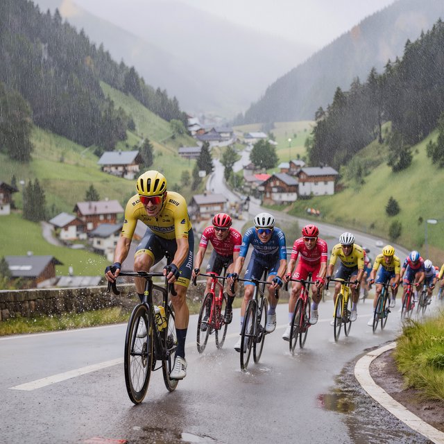 A frontal, close-up shot of a field of competitive cyclists ascending a mountain in the rain. In the background, we see a lush green valley with a small town. — Kling v3