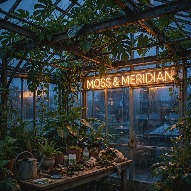 Inside a rooftop greenhouse at blue hour, tropical leaves crowd iron beams above a quiet potting bench; "MOSS & MERIDIAN" glows in warm amber neon along the glass entrance, with rain beads catching the light. — Muse Image 1.0