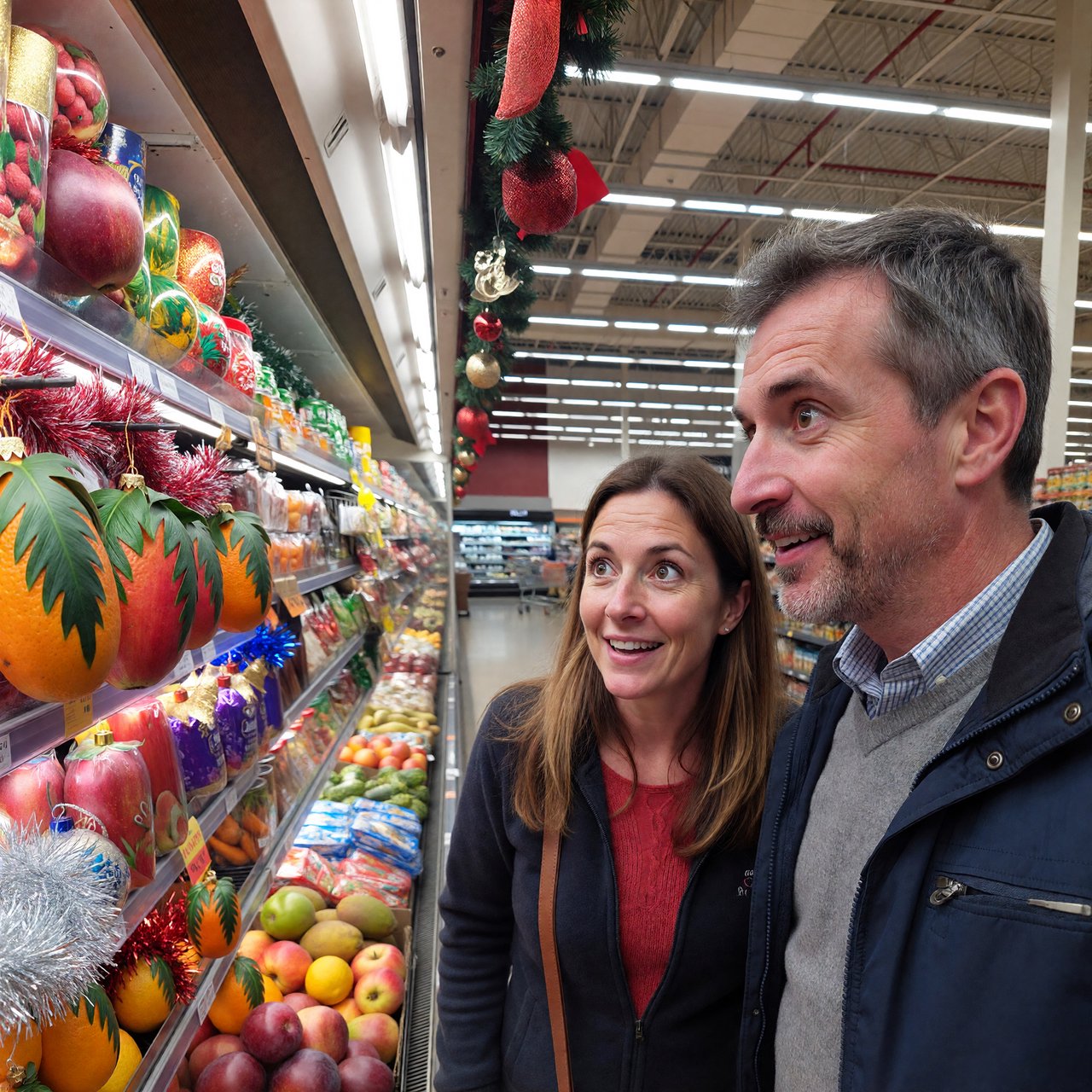 A husband and wife are shopping in a large, well-lit supermarket. They are surprised by what is for sale in the Christmas aisle. — ImagineArt 1.5 Pro