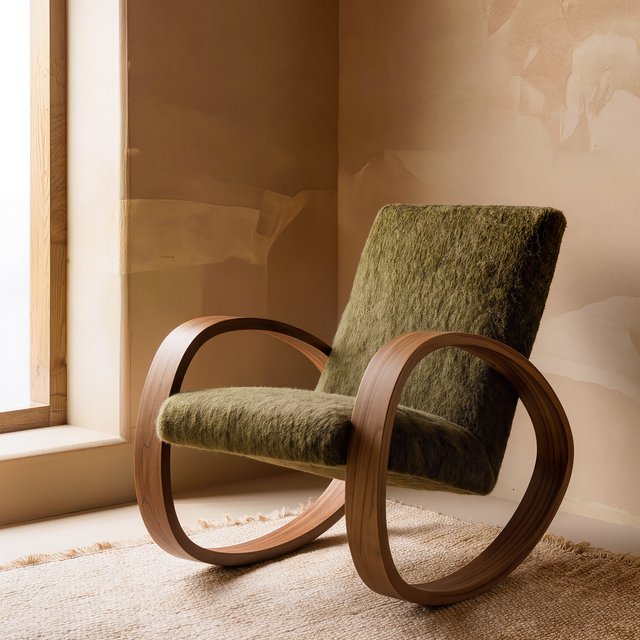 In a quiet reading-room corner, an unbranded lounge chair pairs a curved ash frame with nubby moss-green wool upholstery, set on a pale jute rug before a warm plaster wall; broad window diffusion and soft bounce shape this commercial product image, with no lettering. — Kling v3