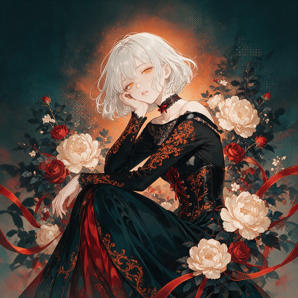 An elegant gothic woman sits sideways among oversized ivory blossoms, crimson roses, and dark teal foliage, turning toward the viewer with half-lidded amber eyes. She has a softly waved silver-white bob and a fitted black gown with lace, embroidered sleeves, and a sculpted corset. Deep-teal skirt folds reveal crimson lining and burnt-orange embroidery. Crimson ribbons with orange edging weave through the flowers, leaving breathing room around her pale face and hands. A deep-teal background fades into charcoal, with muted burnt-orange light behind her head, faint crimson haze below, and botanical shadows. Fine ordered dithering, delicate checkerboard patterns, and clustered pigment grains soften background transitions only; the woman and flowers remain smoothly painted. Crimson, deep teal, glowing orange, lacquer black, and warm ivory palette. Soft frontal fill, luminous hair, readable black fabric, subtle orange rim light, refined gothic anime, precise linework, dramatic floral framing — Seedream 5.0 Pro