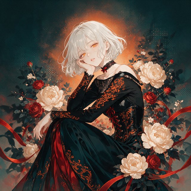 An elegant gothic woman sits sideways among oversized ivory blossoms, crimson roses, and dark teal foliage, turning toward the viewer with half-lidded amber eyes. She has a softly waved silver-white bob and a fitted black gown with lace, embroidered sleeves, and a sculpted corset. Deep-teal skirt folds reveal crimson lining and burnt-orange embroidery. Crimson ribbons with orange edging weave through the flowers, leaving breathing room around her pale face and hands. A deep-teal background fades into charcoal, with muted burnt-orange light behind her head, faint crimson haze below, and botanical shadows. Fine ordered dithering, delicate checkerboard patterns, and clustered pigment grains soften background transitions only; the woman and flowers remain smoothly painted. Crimson, deep teal, glowing orange, lacquer black, and warm ivory palette. Soft frontal fill, luminous hair, readable black fabric, subtle orange rim light, refined gothic anime, precise linework, dramatic floral framing — Seedream 5.0 Pro