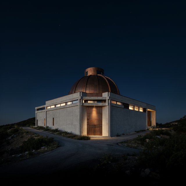 A hilltop observatory in spare contemporary architecture glows against the midnight sky, its pale concrete walls, bronze panels, and narrow windows lit from within; viewed from the access road, crisp edges and credible structural supports. — Ideogram v4.5