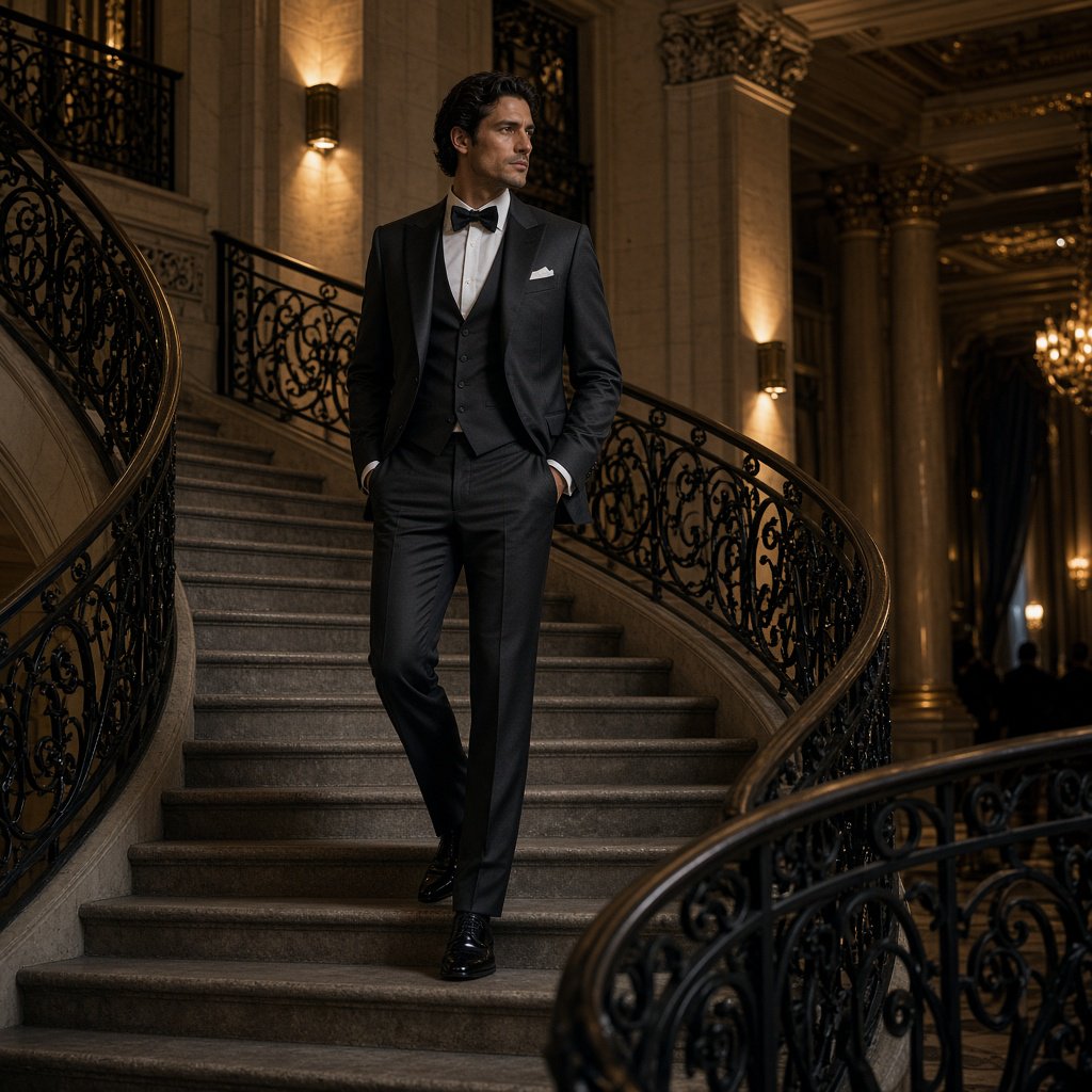 A tall adult man in a charcoal evening suit pauses halfway down a sweeping hotel staircase, caught glancing toward the ballroom as amber sconces cast sculpted light across stone; crisp tailoring and composed fashion-magazine polish. — Grok Imagine Image 2
