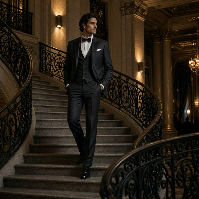 A tall adult man in a charcoal evening suit pauses halfway down a sweeping hotel staircase, caught glancing toward the ballroom as amber sconces cast sculpted light across stone; crisp tailoring and composed fashion-magazine polish. — Model 5