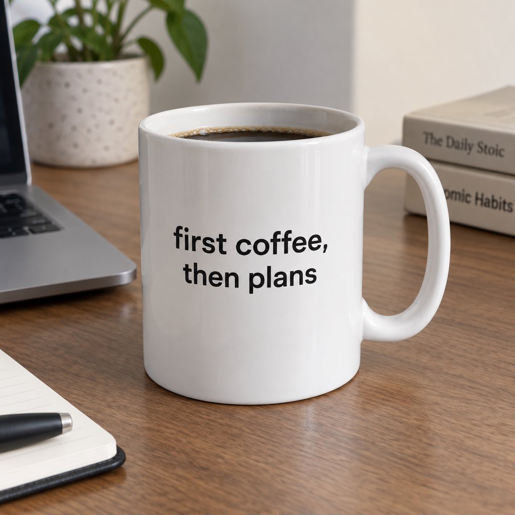 A white ceramic mug on a desk with the words "first coffee, then plans" printed in black lowercase sans-serif. — GPT Image 2.5 Sunburst