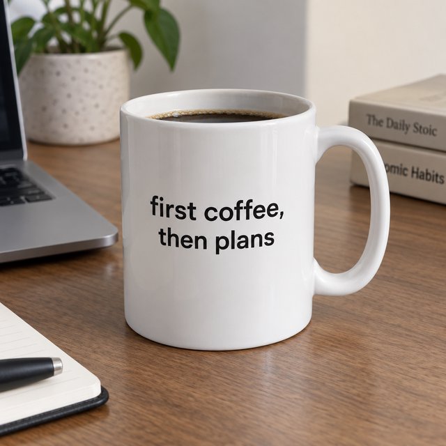 A white ceramic mug on a desk with the words "first coffee, then plans" printed in black lowercase sans-serif. — GPT Image 2.5 Sunburst