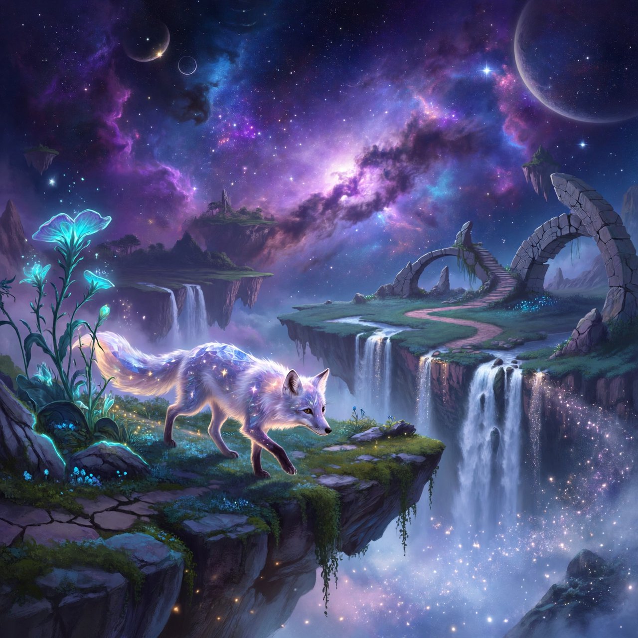 An ethereal fox with crystalline fur navigates a landscape of floating islands. Waterfalls cascade into the starry abyss below, and strange, alien flora sprouts from glowing rocks. This is a magical realism painting, infused with the wonder of distant galaxies. — ImagineArt 2
