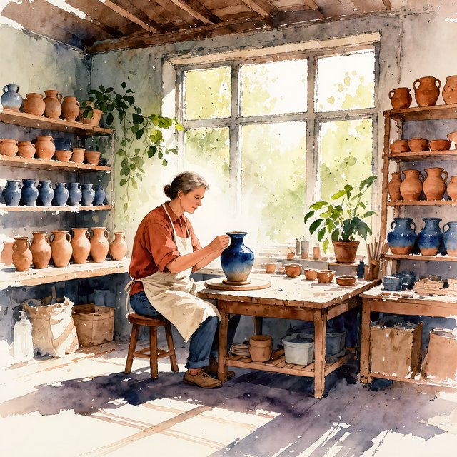 Watercolour illustration of an adult ceramicist shaping a blue-glazed vessel in a sunlit workshop, shelves of unfinished pottery and leafy plants softened by loose brushwork. Palette of terracotta, indigo, warm cream, and sage. — Kling v3